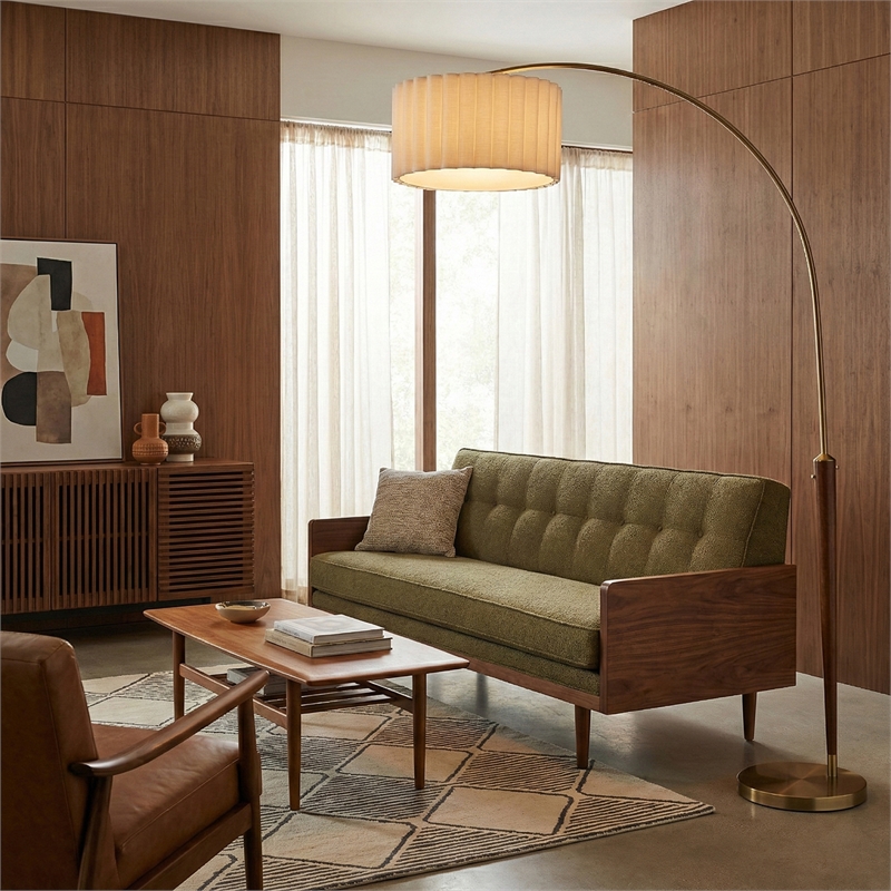 Scalloped 1-Light Arc Floor Lamp - Walnut Brass Linen Shade Dimmer