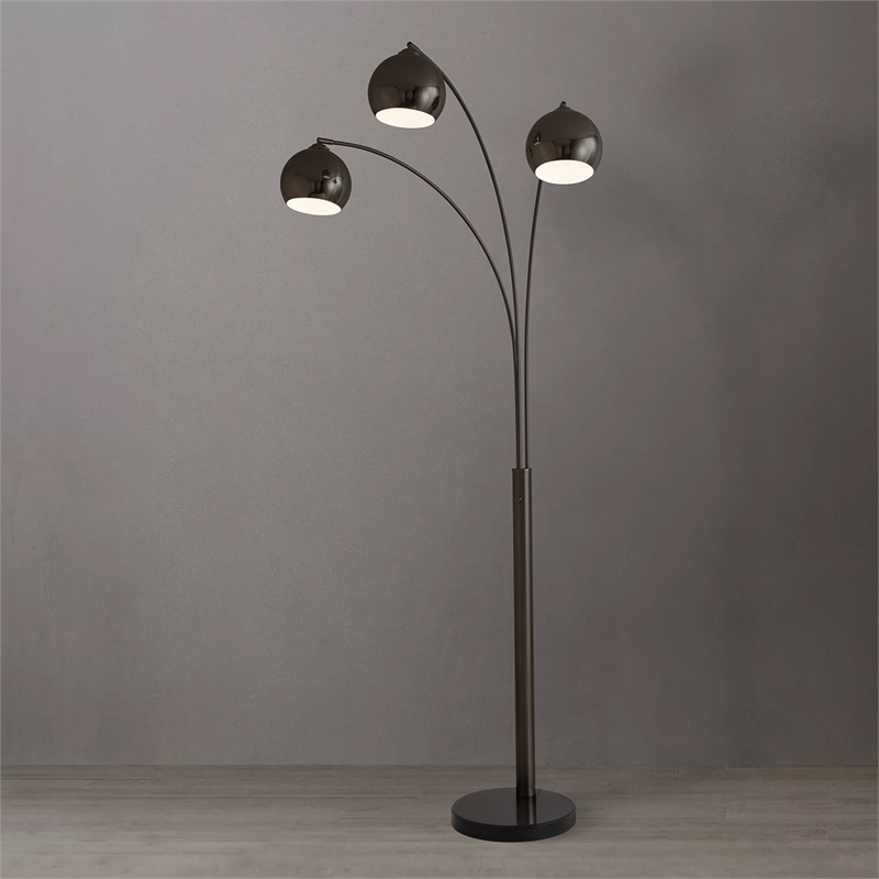 Triplet 3-Light Arc Floor Lamp - Black Nickel Marble Base Dimmer