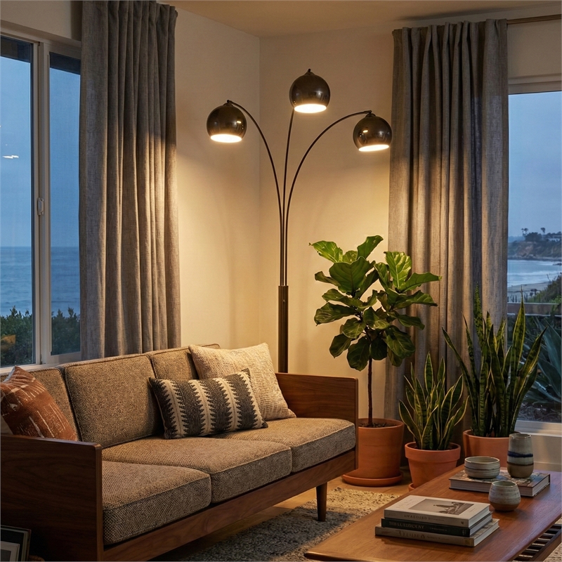 Triplet 3-Light Arc Floor Lamp - Black Nickel Marble Base Dimmer