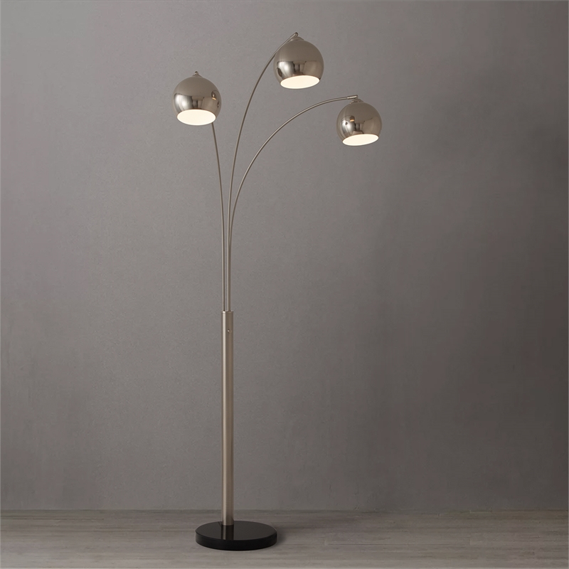 Triple 3-Light Arc Floor Lamp - Satin Nickel Marble Base Dimmer