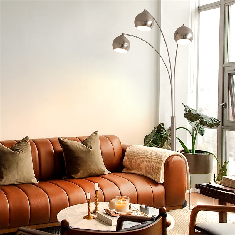 Triple 3-Light Arc Floor Lamp - Satin Nickel Marble Base Dimmer