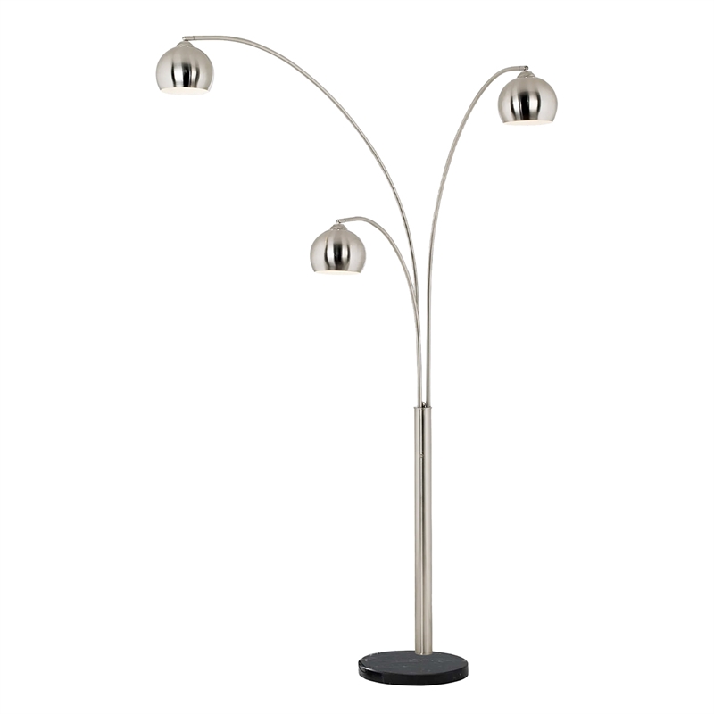 Triple 3-Light Arc Floor Lamp - Satin Nickel Marble Base Dimmer
