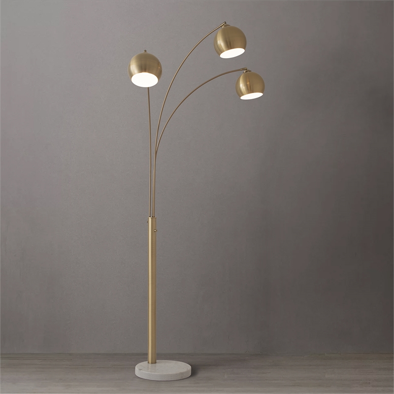 Triplet 3-Light Arc Floor Lamp - Brass White Marble Base Dimmer