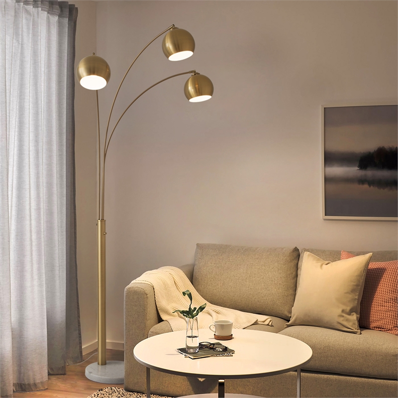 Triplet 3-Light Arc Floor Lamp - Brass White Marble Base Dimmer