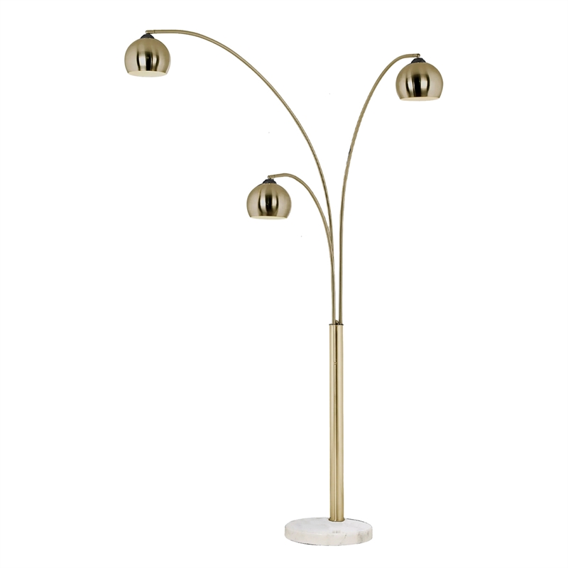 Triplet 3-Light Arc Floor Lamp - Brass White Marble Base Dimmer