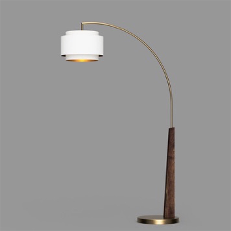 Coronado 1 Light Arc Floor Lamp - Dark Walnut & Weathered Brass  White Linen Double Shade Silver foil shade interior