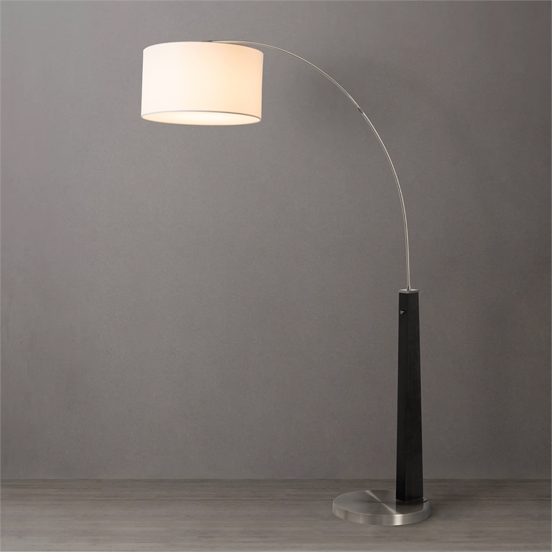 Taper 1-Light Arc Floor Lamp - Black Wood Nickel Cotton Shade Dimmer