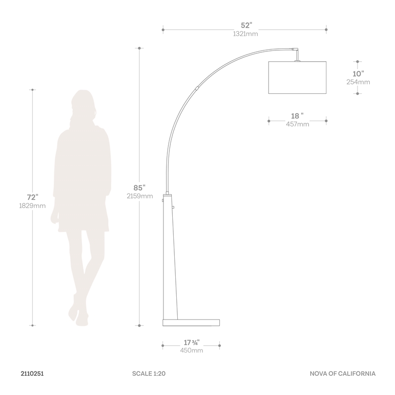 Taper 1-Light Arc Floor Lamp - Black Wood Nickel Cotton Shade Dimmer