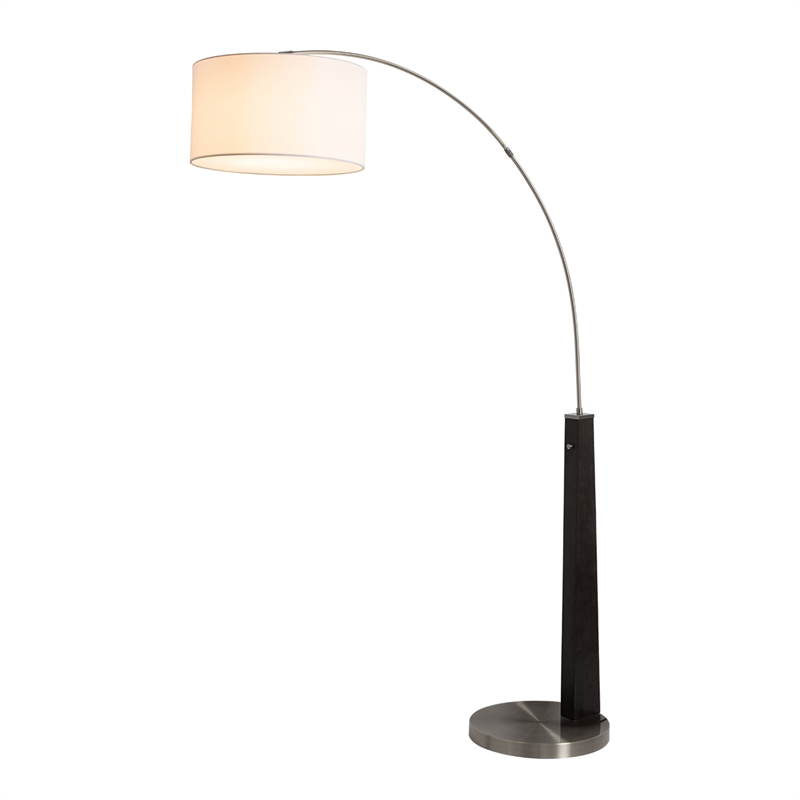 Taper 1-Light Arc Floor Lamp - Black Wood Nickel Cotton Shade Dimmer