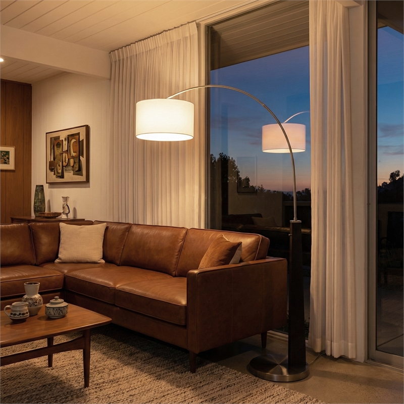 Taper 1-Light Arc Floor Lamp - Black Wood Nickel Cotton Shade Dimmer