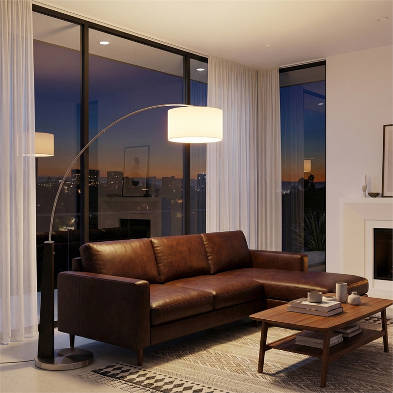 Taper 1-Light Arc Floor Lamp - Black Wood Nickel Cotton Shade Dimmer