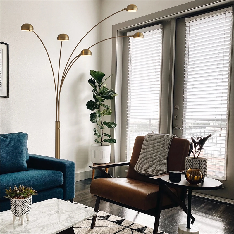 Mushroom 5-Light Arc Floor Lamp - Brass White Marble Base Dimmer