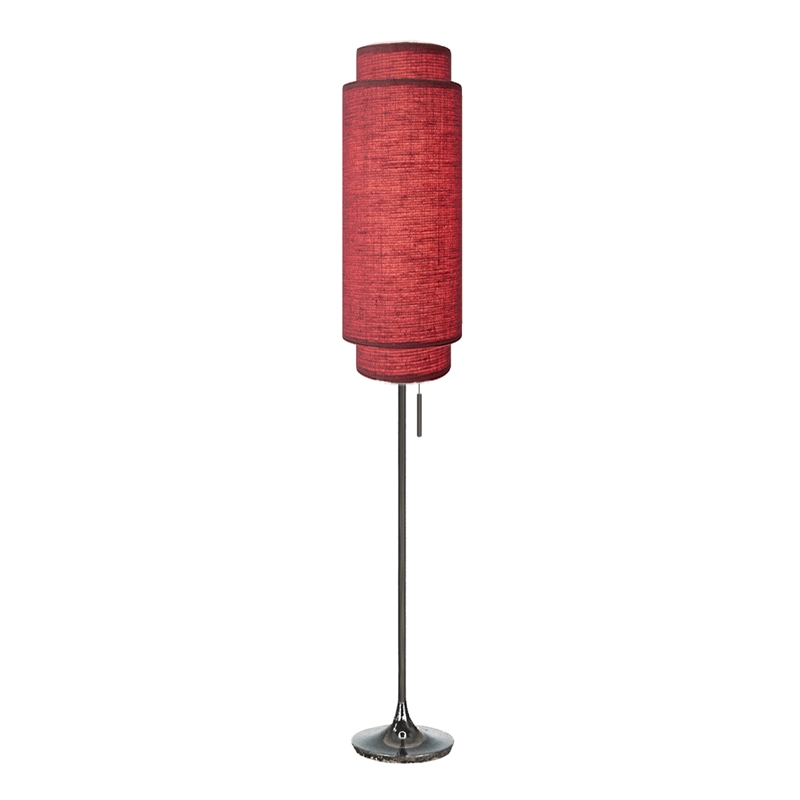 Lollipop Floor Lamp - Black Nickel Crimson Red Linen Shade Pull Chain