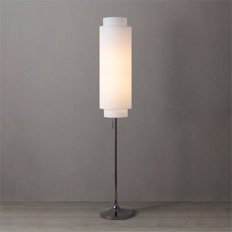 Lollipop Floor Lamp - Black Nickel White Linen Double Shade On/Off Pull Chain