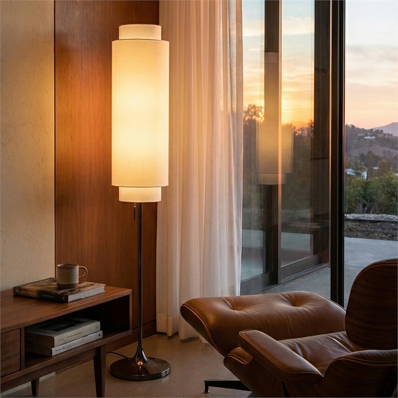 Lollipop Floor Lamp - Black Nickel White Linen Double Shade On/Off Pull Chain