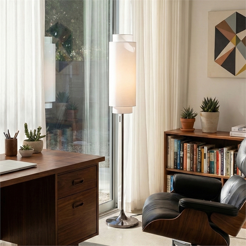 Lollipop Floor Lamp - Black Nickel White Linen Double Shade On/Off Pull Chain
