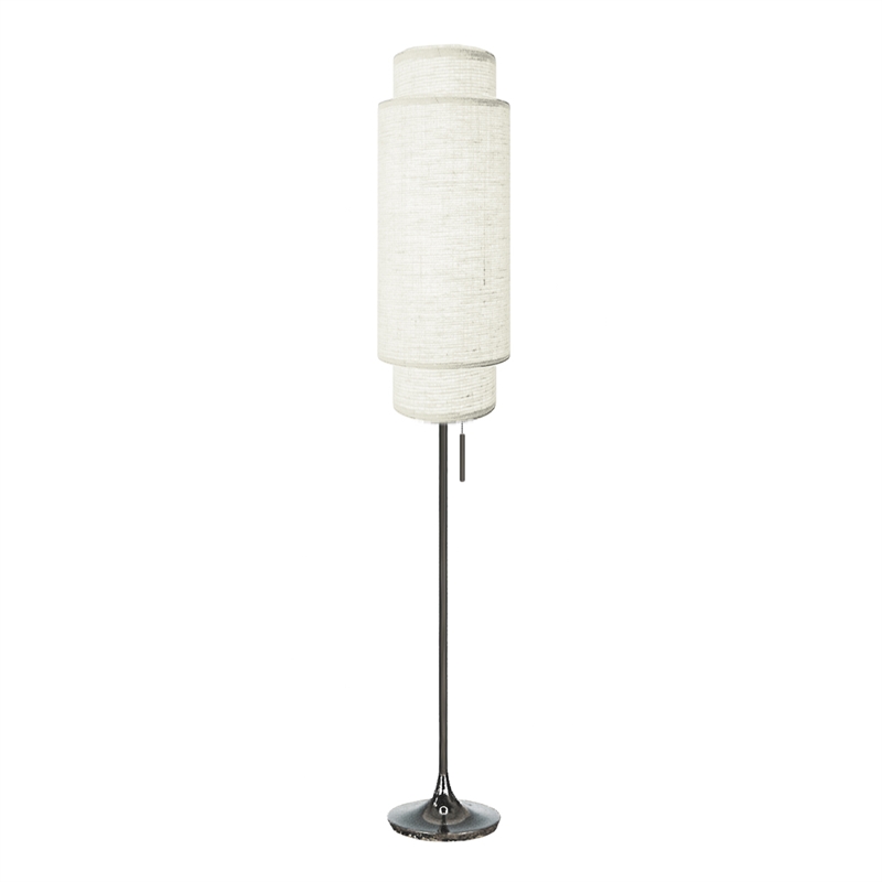 Lollipop Floor Lamp - Black Nickel White Linen Double Shade On/Off Pull Chain