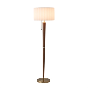 Scalloped Floor Lamp - Walnut Weathered Brass White Linen On/Off Pull Chain