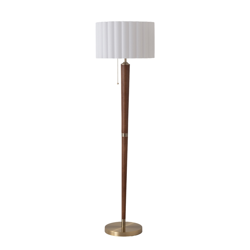 Scalloped Floor Lamp - Walnut Weathered Brass White Linen On/Off Pull Chain