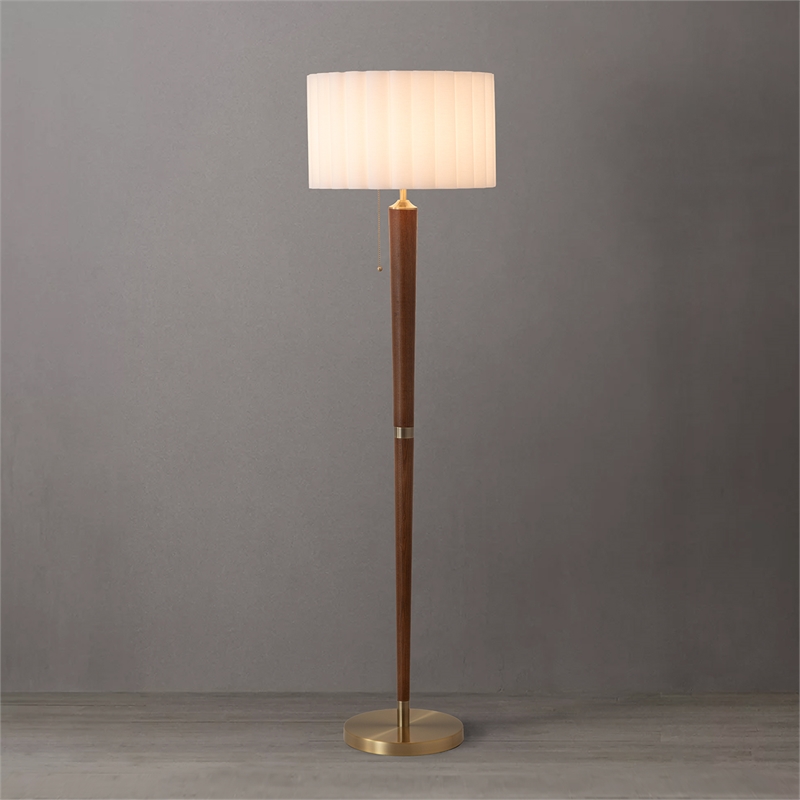 Scalloped Floor Lamp - Walnut Weathered Brass White Linen On/Off Pull Chain