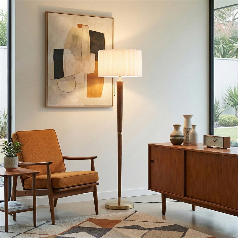 Scalloped Floor Lamp - Walnut Weathered Brass White Linen On/Off Pull Chain