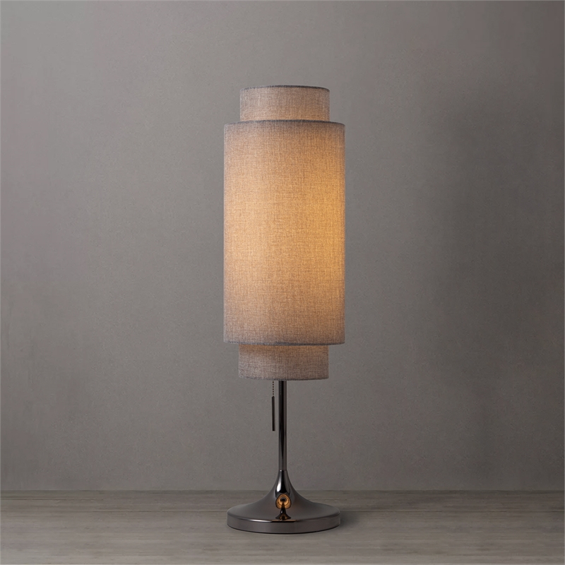 Lollipop Table Lamp - Black Nickel Cashmere Gray Linen Shade On/Off Pull Chain