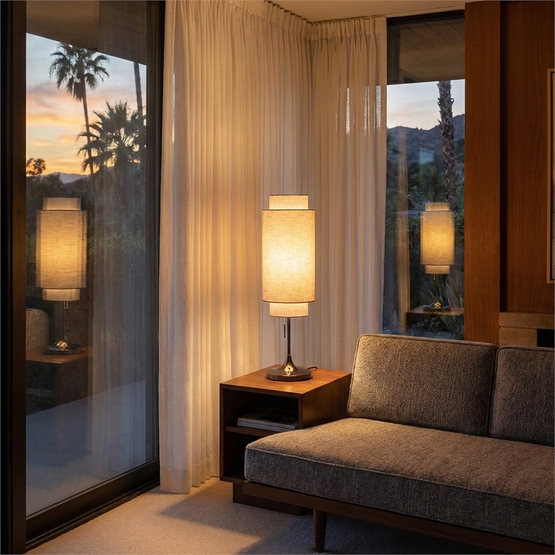 Lollipop Table Lamp - Black Nickel Cashmere Gray Linen Shade On/Off Pull Chain