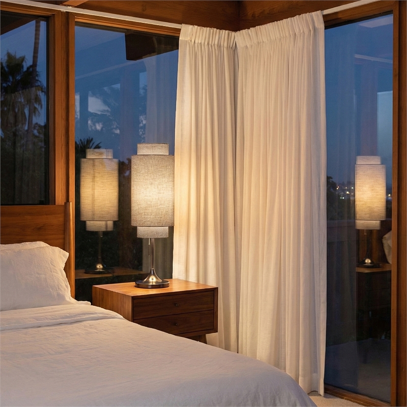Lollipop Table Lamp - Black Nickel Cashmere Gray Linen Shade On/Off Pull Chain