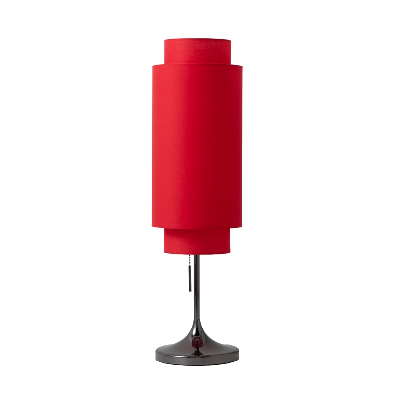 Lollipop Table Lamp - Black Nickel Crimson Red Linen Double Shade On/Off Pull Chain