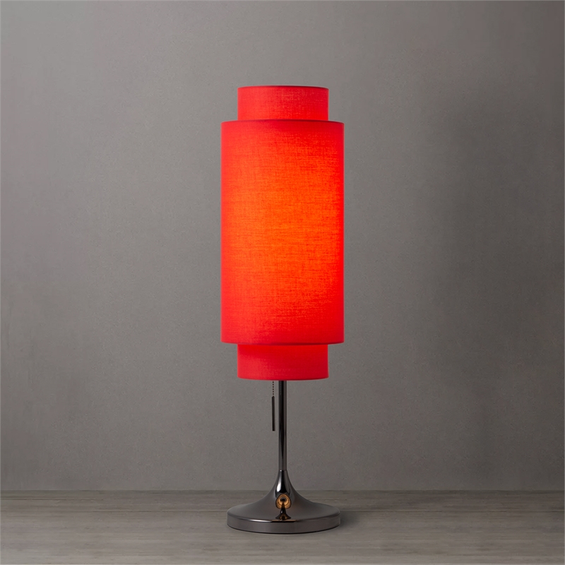 Lollipop Table Lamp - Black Nickel Crimson Red Linen Double Shade On/Off Pull Chain