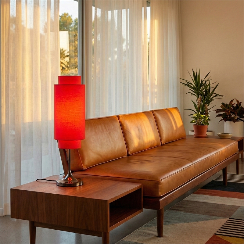 Lollipop Table Lamp - Black Nickel Crimson Red Linen Double Shade On/Off Pull Chain
