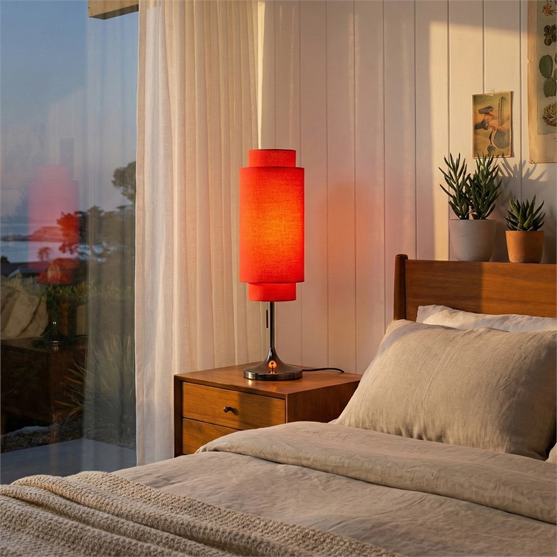 Lollipop Table Lamp - Black Nickel Crimson Red Linen Double Shade On/Off Pull Chain