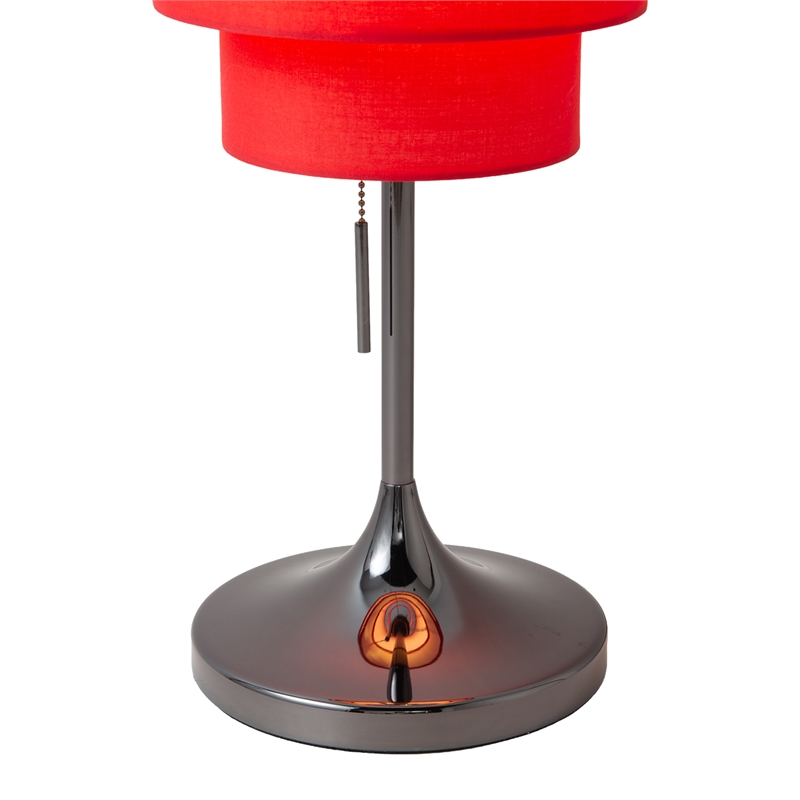 Lollipop Table Lamp - Black Nickel Crimson Red Linen Double Shade On/Off Pull Chain