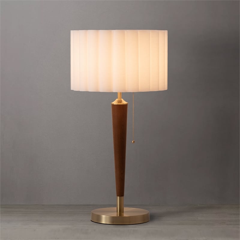 Scalloped Table Lamp - Walnut Weathered Brass White Linen On/Off Pull Chain