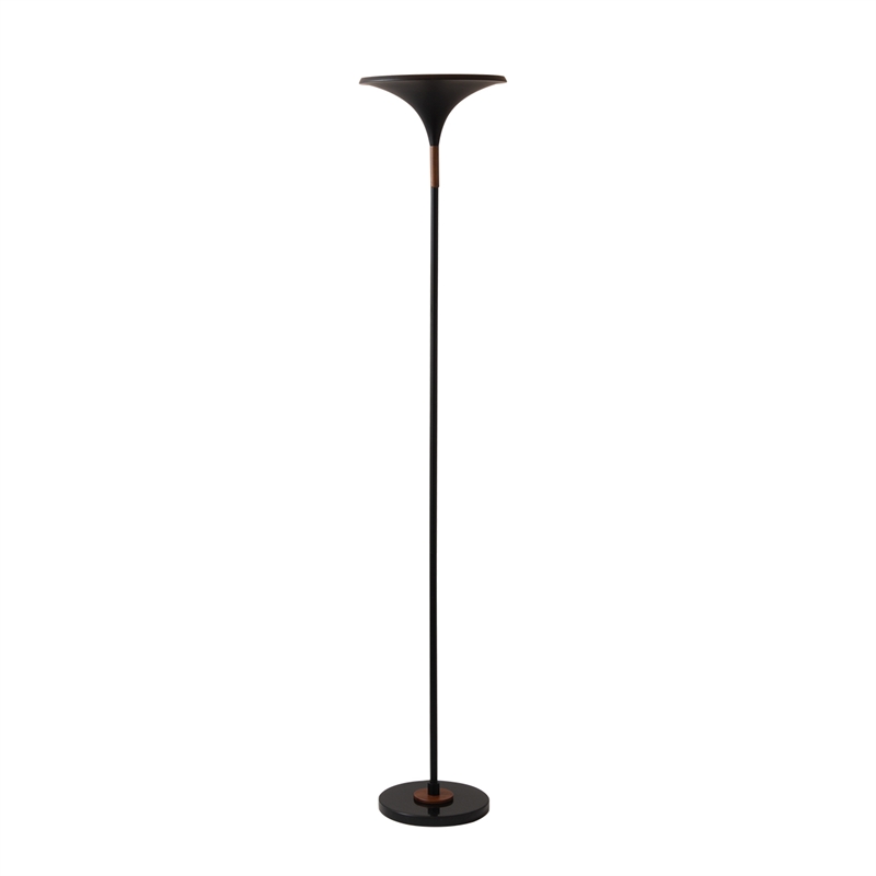 Lodi Torchiere Floor Lamp - Black Gold Leaf Shade Walnut Marble Base Foot Dimmer