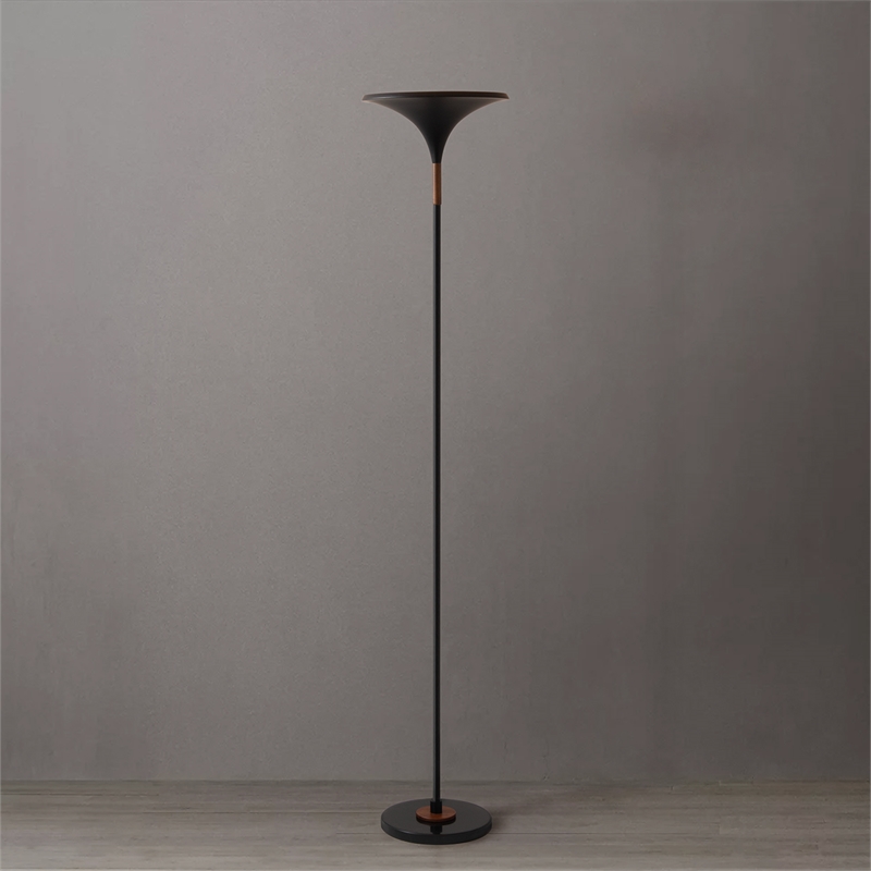 Lodi Torchiere Floor Lamp - Black Gold Leaf Shade Walnut Marble Base Foot Dimmer