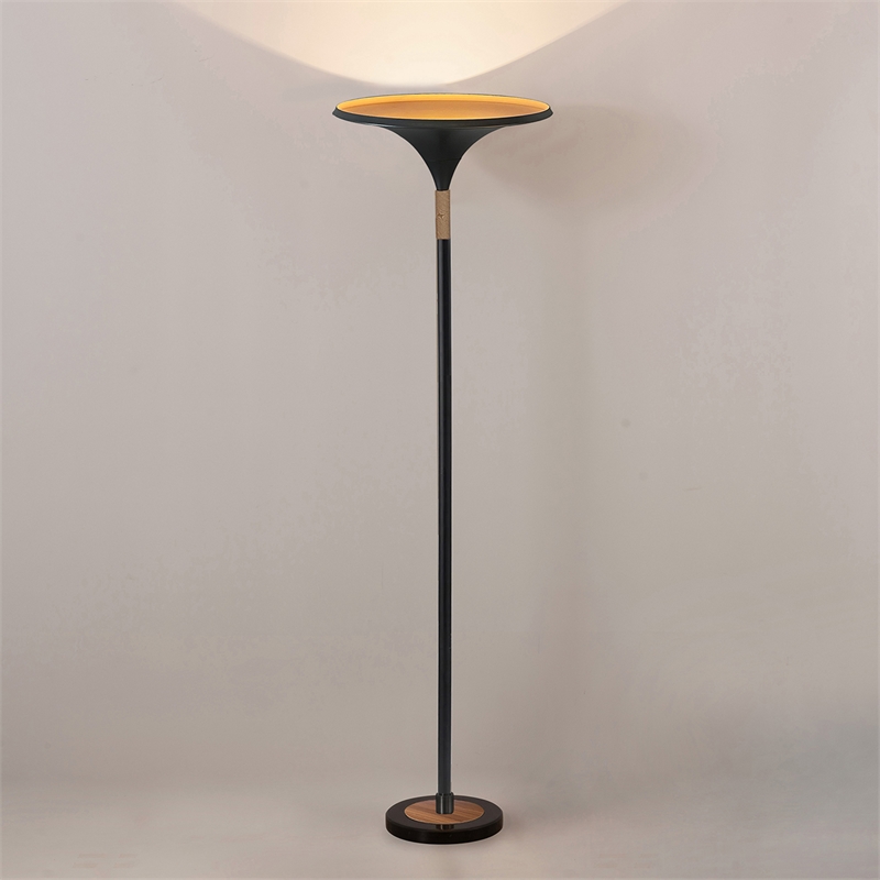 Lodi Torchiere Floor Lamp - Black Gold Leaf Shade Walnut Marble Base Foot Dimmer