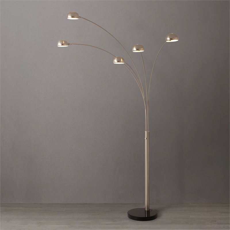 Mushroom 5-Light Arc Floor Lamp - Satin Nickel Black Marble Base Dimmer