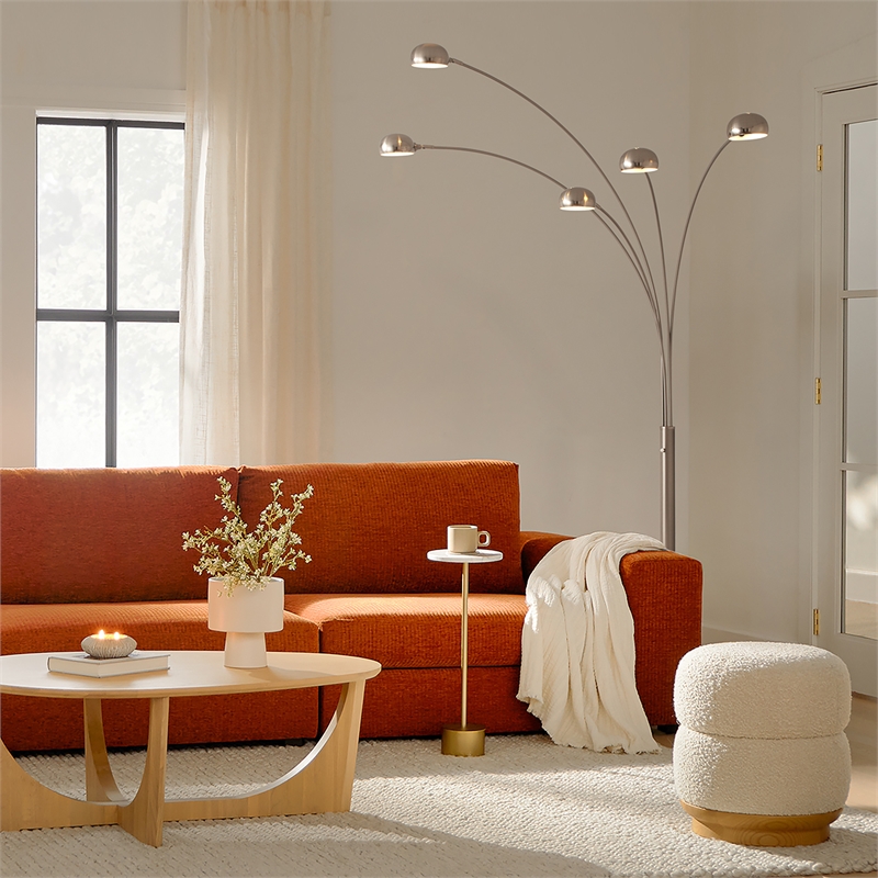 Mushroom 5-Light Arc Floor Lamp - Satin Nickel Black Marble Base Dimmer