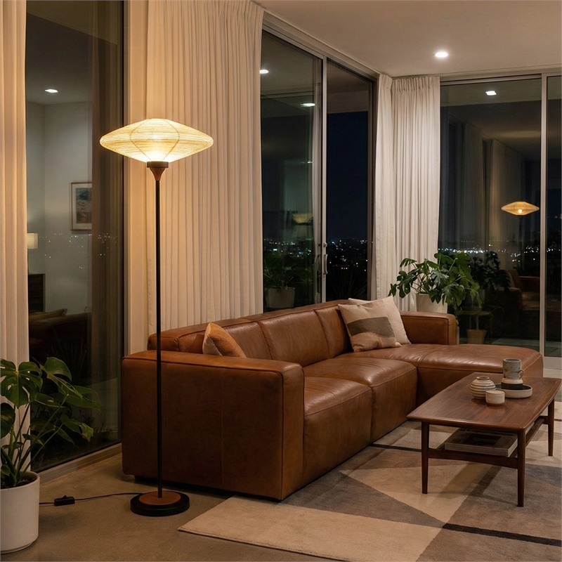Roswell Torchiere Floor Lamp - Matte Black Walnut Washi Shade Marble Base Dimmer