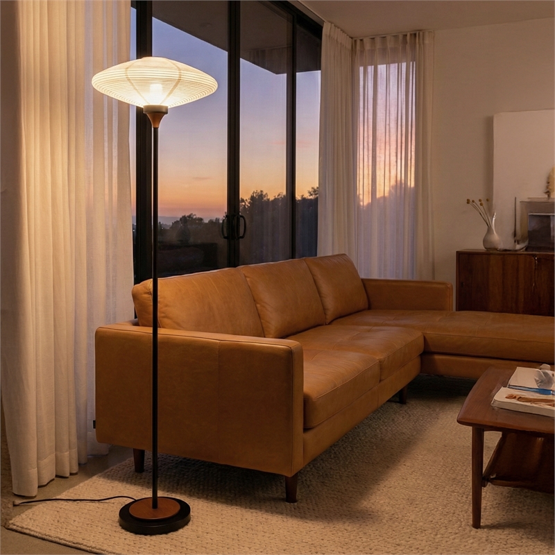 Roswell Torchiere Floor Lamp - Matte Black Walnut Washi Shade Marble Base Dimmer