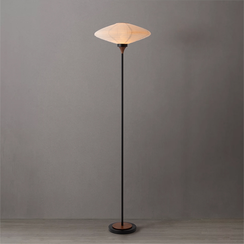 Roswell Torchiere Floor Lamp - Matte Black Walnut Washi Shade Marble Base Dimmer