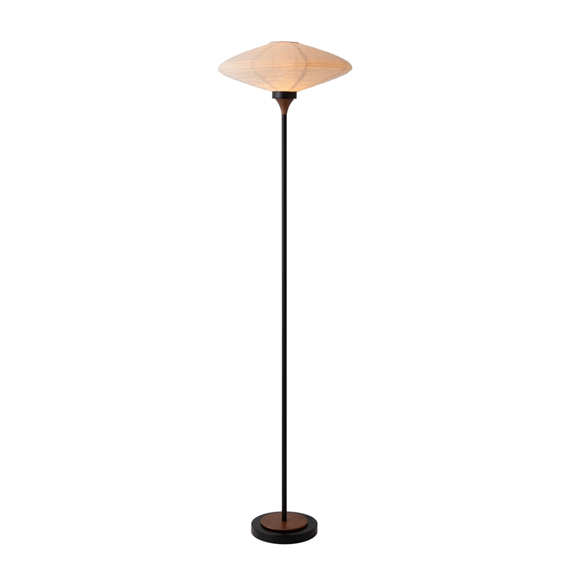 Roswell Torchiere Floor Lamp - Matte Black Walnut Washi Shade Marble Base Dimmer