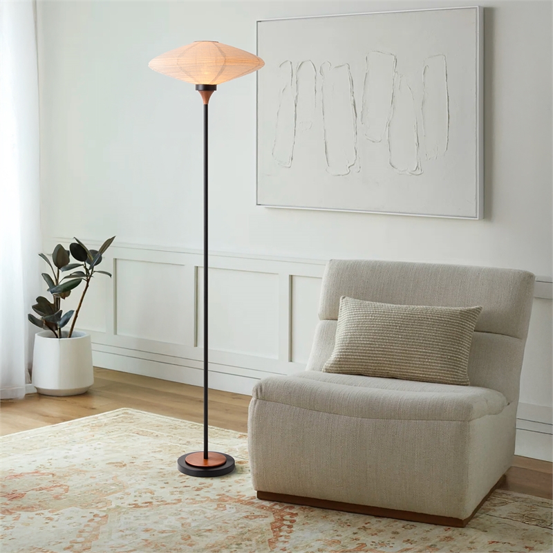 Roswell Torchiere Floor Lamp - Matte Black Walnut Washi Shade Marble Base Dimmer