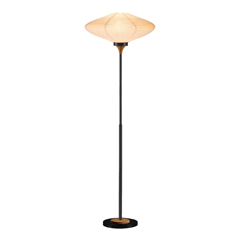 Roswell Torchiere Floor Lamp - Matte Black Walnut Washi Shade Marble Base Dimmer