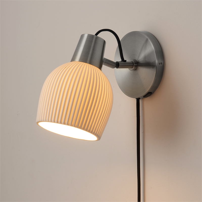 Petaluma Bone Porcelain Wall Sconce - Satin Nickel Plug-in Dimmer