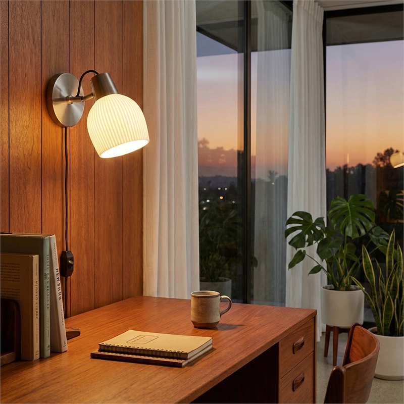 Petaluma Bone Porcelain Wall Sconce - Satin Nickel Plug-in Dimmer
