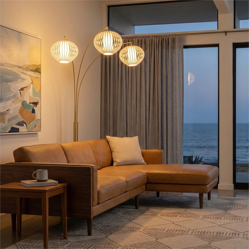 Bloom 3-Light Arc Floor Lamp in Weathered Brass/White Satin Shade/Marble Base