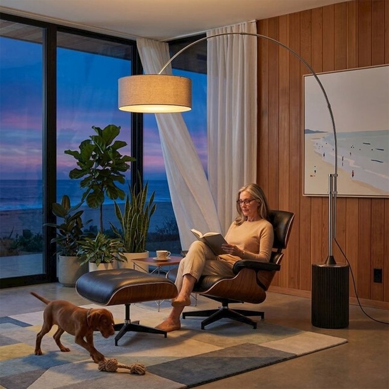 Tambo Arc Floor Lamp - Black Oak Satin Nickel Cashmere Gray Shade