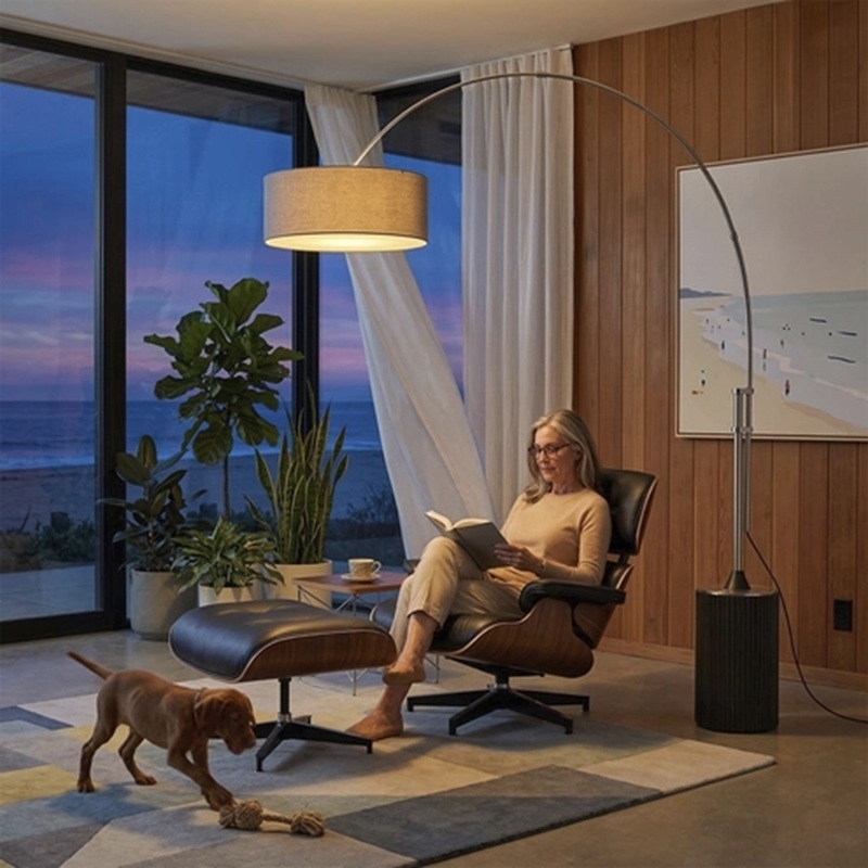 Tambo Arc Floor Lamp - Black Oak Satin Nickel Cashmere Gray Shade